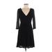 Amadi Casual Dress - Party Plunge 3/4 sleeves: Black Solid Dresses - Women's Size Medium