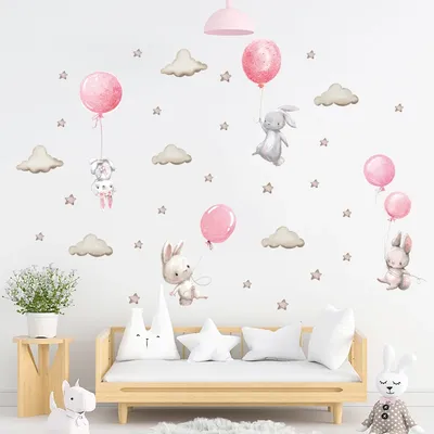 Cartoon Ballon Kaninchen Wandaufkleber für Kinderzimmer Kinderzimmer Bunte Tiere Heimdekoration Schlafzimmer Wandkunst Wohnzimmer Image