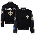 Men's Jeff Hamilton Black New Orleans Saints Wool & Leather Full-Snap Varsity Jacket