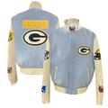 Men's Jeff Hamilton Light Blue Green Bay Packers Wool & Leather Full-Snap Varsity Jacket