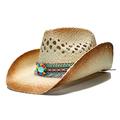 AGHH Sun Cowboy Hat Women's Men's Summer Straw Beach Sun Hat Cowboy Western Cowgirl Fedora Hat Hollow Tassel Turquoise Leather Band (Color : 1, Size : 56-58cm)