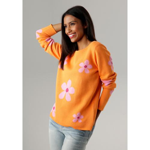 Rundhalspullover ANISTON SELECTED Gr. 44, bunt (orange, rosa, fuchsia glänzend) Damen Pullover mit goldfarbenen Details im Blumenmuster