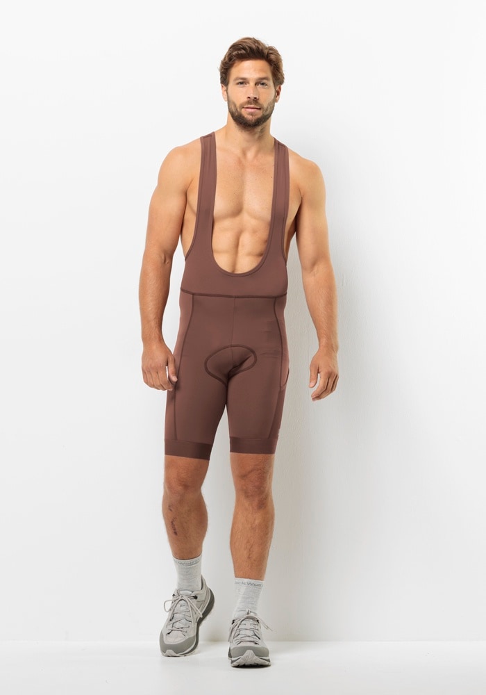 Fahrradhose JACK WOLFSKIN "MOROBBIA BIB SHORTS M", Herren, Gr. S (48), Normalgrößen, braun (schwarz, rust), Obermaterial: 80% Polyamid, 20% Elasthan; Obermaterial 2: 85% Polyester, 15% Elasthan, Hosen Fahrradhose