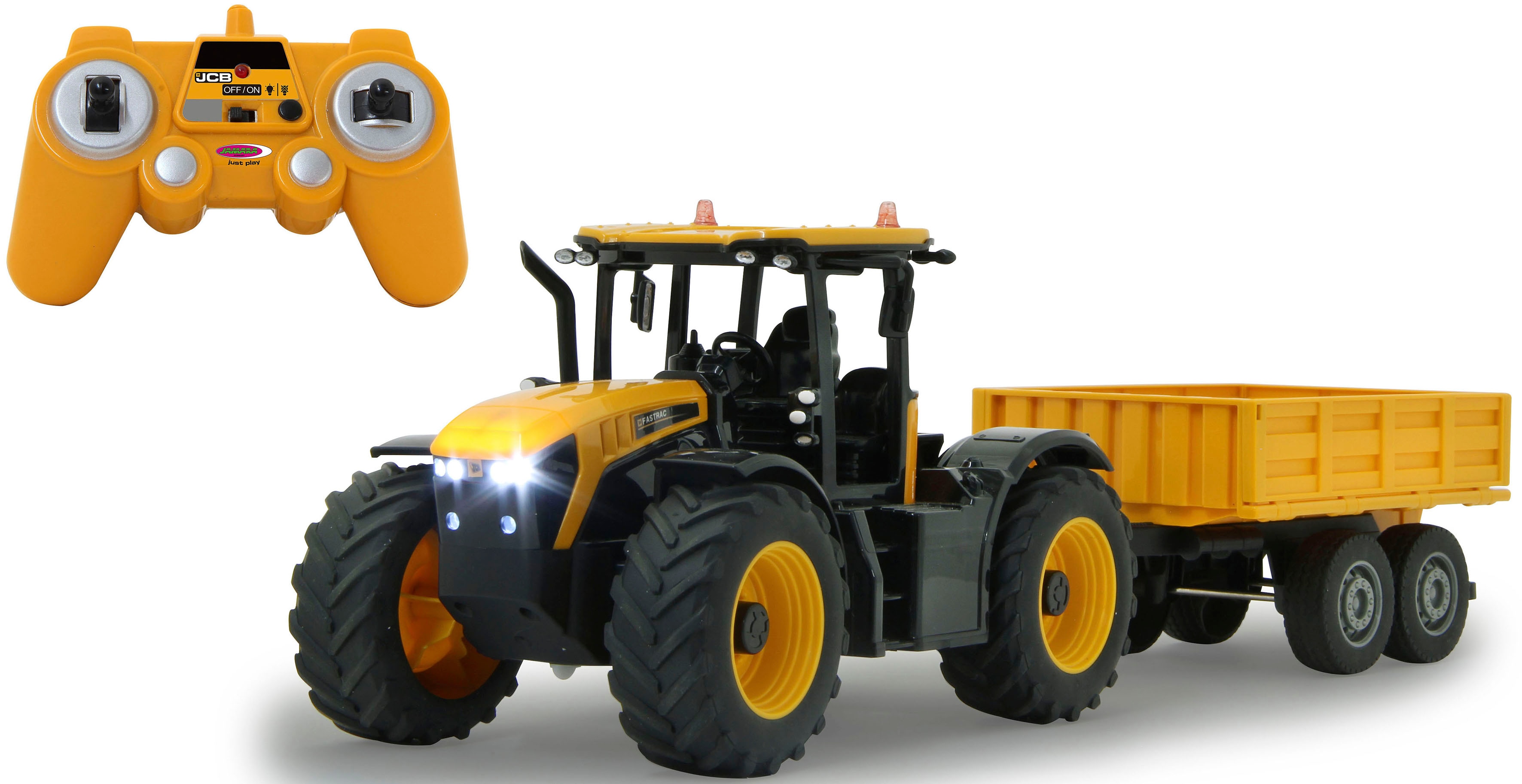 RC-Auto JAMARA "JCB Fastrac Traktor mit Kippanhänger 1:24 - 2,4 GHz", gelb, Fernlenkfahrzeuge, KinderB:11,5cm H:13,5cm T:44cm, Kunststoff, mit LED-Lichtern, B:11,5cm H:13,5cm T:44cm