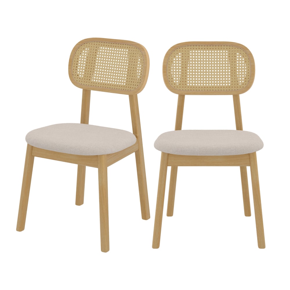 Lot de 2 chaises en bois clair, tissu beige et rotin synthétique