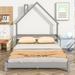 Full Size Wood Floor Bed with House Headboard, Platform Bed Frame with Handrails and Slats, No Box Spring Required