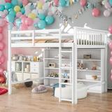 Full Size Kids Loft Bed with 8-Open Storage Shelves, Wooden Child Storage Bed with Built-in Ladder, White