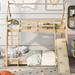 Natural Twin Over Queen House Bunk Bed with Climbing Nets and Climbing Ramp, Low Bunk Bed Frame for Kids Boys Girls Bedroom