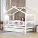 Twin House Bed with Trundle, House Bed for Kids, Wooden Daybed Platform Bed Frame with Guardrails and Roof for Girls Boys, White