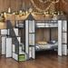 Twin over Twin Castle-shaped Design Bunk Bed with Wardrobe, Metal Bed with Wooden Storage Staircase and Cabinets, Black+White