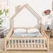 Full Playhouse House Bed for Kids, Montessori Bed with Railings, Wood Floor Headboard Bed Frame with House Roof