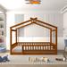 Walnut Full Size Wood Kid House Bed with Fence, Mattresses Bed Frame with Roof and Safety Guardrail for Kids Teens Boys or Girls