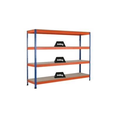 PROREGAL Weitspannregal mit Spanplatten Z1 | HxBxT 198x153,6x62cm | 4 Ebenen | Fachlast 640kg | Blau/Orange/Verzinkt Image