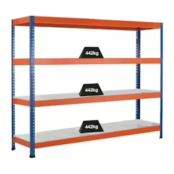 PROREGAL Weitspannregal mit Stahlpaneelen Z1 | HxBxT 243,8x214,6x47cm | 4 Ebenen | Fachlast 442kg | Blau/Orange/Verzinkt Image