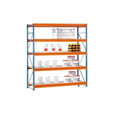 PROREGAL Weitspannregal mit Spanplatten W 100 | Grundregal | HxBxT 300x250x100cm | 5 Ebenen | Fachlast 1015 kg | Blau/Orange/Verzinkt Image