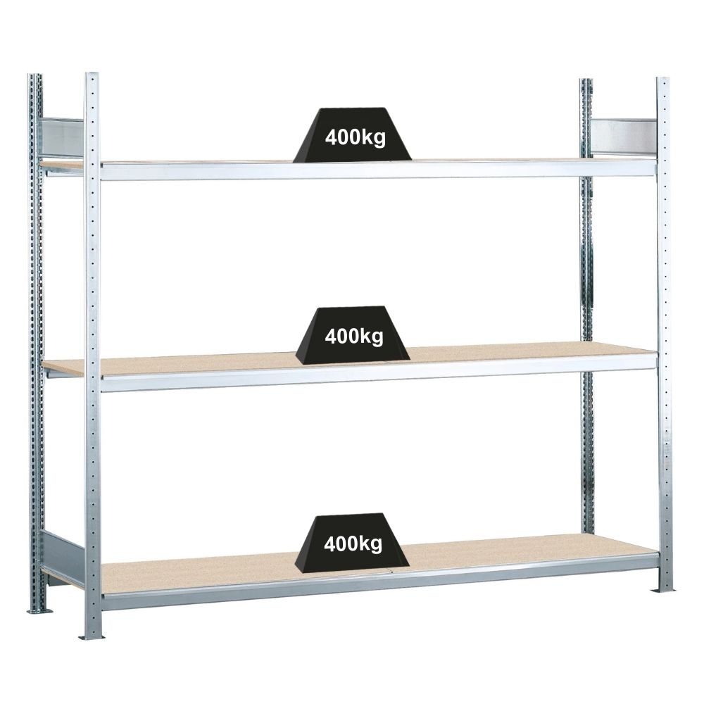 PROREGAL Weitspannregal mit Spanplatten WS 2000 | Grundregal | HxBxT 200x200x60cm | 3 Ebenen | Fachlast 400kg | Verzinkt Image