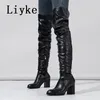 Liyke Größe 35-42 schwarze Frauen Reiß verschluss über dem Knie Oberschenkel hohe Stiefel Mode Plissee Leder runde Zehen quadratische Absätze Stiefeletten Schuhe