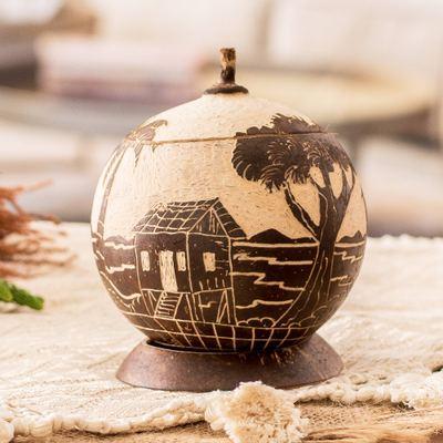 Caribbean Landscape,'Handmade Round Dried Gourd Caribbean Town Decorative Accent'