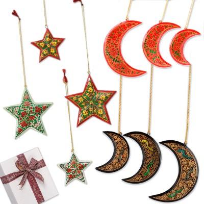 '10 Hand-Painted Wood Moon & Star Ornaments Curated Gift Set'