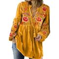 SHINROAD Womem Shirt Bohemian Style Top Women's V-neck Retro Flower Print Long Sleeve Loose Fit Drawstring Pullover Pleated Mid Length Patchwork Design Soft Yellow M