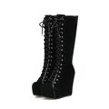 MEECHI Long Shaft Lace-up Boots Women's Knee-high Boots 13.5 Cm Wedge Heel Winter Boots Vintage Suede Knight Boots Waterproof Knee Snow Boots Warm Plush Shoes (Color : Black, Size : 7 UK)