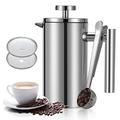 Meelio French Press Coffee Maker 34oz, Double-Wall Insulated French Coffee Press Stainless Steel 1L, Included 2 Extra Screens and 1 Coffee Spoon, Silver