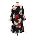 Calvin Klein Casual Dress - A-Line High Neck 3/4 sleeves: Black Floral Dresses - Women's Size 8