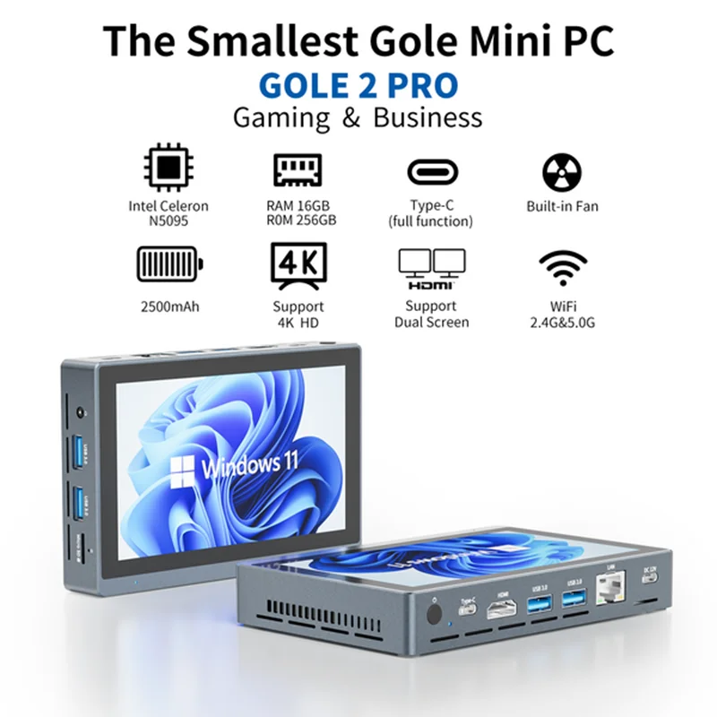 Higole Gole 2 Pro Intel N5095 Mini PC fenêtre 11 WiFi5 8/16GB 256GB 2500mAh 4K ordinateur de bureau écran tactile 5.5 