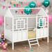 Playhouse Twin Size Metal Low Loft House Bed with Roof and 2 Front Windows, White