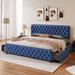 Blue Linen Upholstered Platform Bed: Storage Drawers, Tufted Headboard