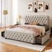 Beige Queen Size Modern Linen Upholstered Platform Bed Frame With 4 Large Storage Drawers, Button Tufted Headboard