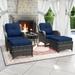 MeetLeisure 5 Pieces Patio Conversation Set Four Wicker Chairs Two Ottomans and One Side Table with 3.5-inch Seat Cushions Navy