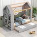 Platform Bed House-Shaped Slat Support Platform Bed Fairytale House Kid Bed with Storage Shelves and Pull Out Trundle