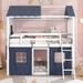 Full Size Wood House Bunk Bed with Elegant Windows, Sills and Tent, White+Blue