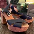 Michael Kors Shoes | Michael Kors Blue Sandal Cork Heels | Size 10 | Color: Blue/Tan | Size: 10