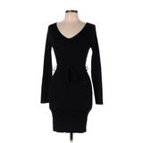 Rock & Roll Denim Casual Dress - Bodycon V Neck Long sleeves: Black Solid Dresses - Women's Size Large