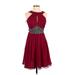 Little Mistress Cocktail Dress - A-Line High Neck Sleeveless: Burgundy Print Dresses - Women's Size 4