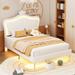 Full Size Upholstered Bed Frame with LED Lights and Crown Headboard, Modern Princess Bed Platform Bed for Girls