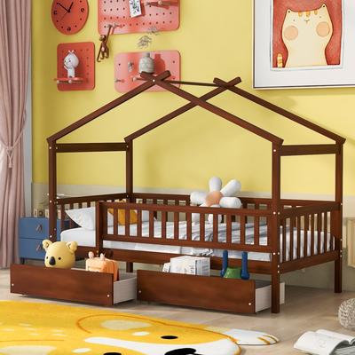 Twin/Full House Bed with 2 Storage Drawers, Kids Twin/Full Bed Frame with Rails and Roof, Tent Bed, Wooden Daybed Montessori Bed