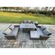 Fimous - Outdoor Garden Dining Sets 7 Seater Rattan Patio Furniture Sofa Set with Gas Firepit Table Double Seat Sofa Big Footstool Side Table Dark