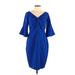Paper Dolls Cocktail Dress - Sheath V-Neck 3/4 sleeves: Blue Print Dresses - Women's Size 10