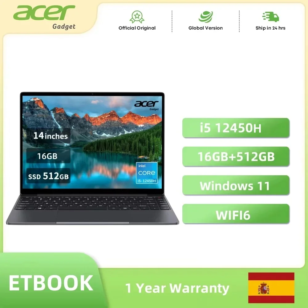Acer Gadget e10 ETBook ordinateur portable de jeu Intel ordinateur portable Core i5-12450H 16GB RAM 512GB SSD ordinateur 14 "2K IPS WiFi6 Windows 11 ordinateurs portables