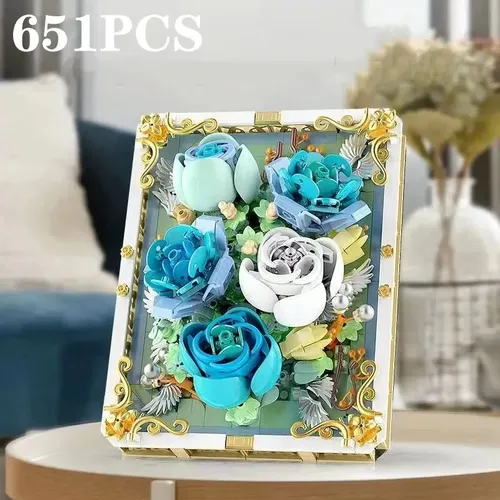 651 Stück konservierte Blume Foto rahmen Bausteine blau weiß Rose 3d Puzzle Spielzeug DIY Modell