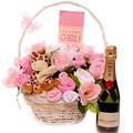 Champagne, Chocolate and Giraffe Baby Bouquet, displayed in a Real Wicker Hamper with Baby Clothing and Silk Flowers, All 100% Cotton Clothing, Handmade in The UK with Gift Wrapping Included.