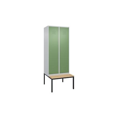 C+P Spind Classic PLUS, Buche untergebaute Sitzbank 2 Abteile, HxBxT 212x80x82cm, Zylinderschloss, Hellgrau/Resedagrün von PROREGAL Image