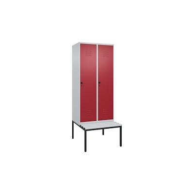 C+P Spind Classic PLUS, Kunststoff untergebaute Sitzbank, 2 Abteile, HxBxT 212x80x82cm, Sicherheitsdrehriegel, Hellgrau/Rubinrot von PROREGAL Image