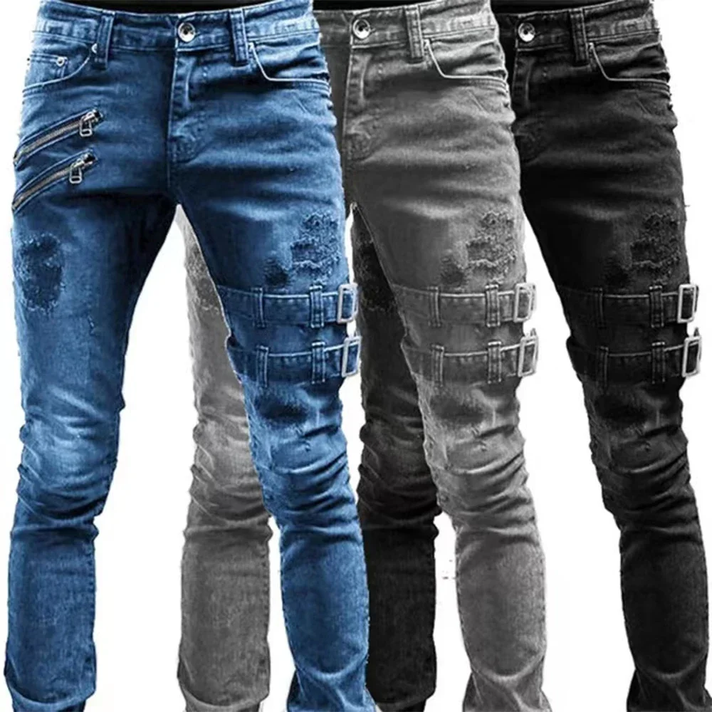 Retro Moto Biker Gerade Elastische Jeans Männer Zipper Loch Streetwear Punk Dünne Denim Cargo Hosen Pantalones Hombre Y2K Kleidung