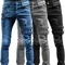 Retro Moto Biker Jeans elastici dritti da uomo con foro per cerniera Streetwear pantaloni Cargo in