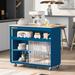 Kitchen Island with Drop Leaf, LED Light Kitchen Cart on Wheels with Power Outlets, 2 Sliding Fluted Glass Doors
