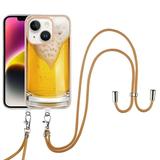 for iPhone 15 Crossbody Strap Phone Case Anti-Fall Pattern Clear Design Transparent Soft & Flexible TPU Drop and Shockproof Protective Cover with Adjustable Nylon Neck Strap Draft Beer